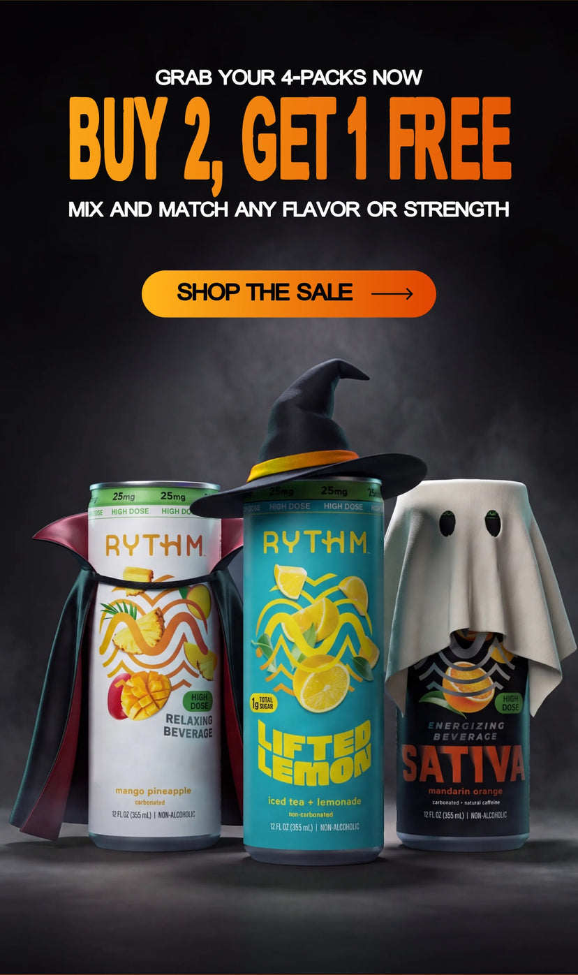 Grab your 4-packs now. Buy 2, get 1 free. Mix and match any flavor or strength. Shop the sale. Three RYTHM cans dressed as a vampire, a witch and a ghost.